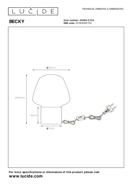 Lucide BECKY - Table lamp - Ø 20 cm - 1xE27 - Smoke Grey - technical